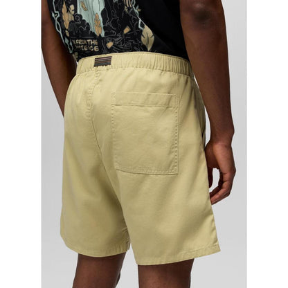 Back view of the Prana Sample - Men's Durado Short in Jackfruit showing the back pocket and elastic waistband on a model.