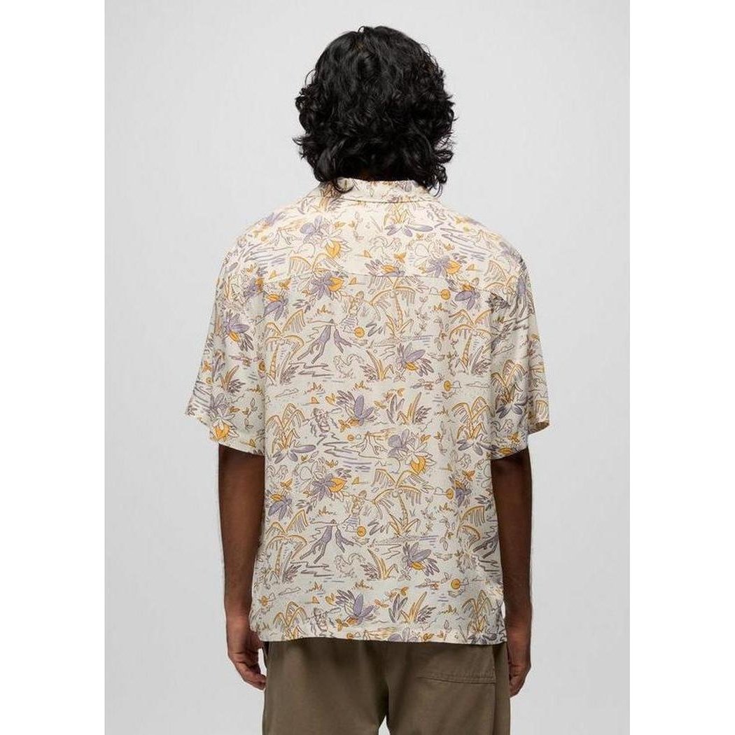 Back view of the Prana Sample - Men's Peacepath Shirt in Beach Pebble Vacation on a model against a light gray background.