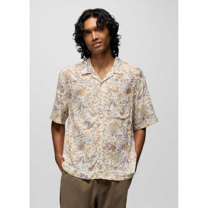 A front view of the Prana Sample - Men's Peacepath Shirt in Beach Pebble Vacation, showing a model wearing it against a plain background.