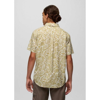 Back view of the Prana Sample - Men's Stimmersee Shirt in Beach Pebble Seaweed on a model against a plain background.