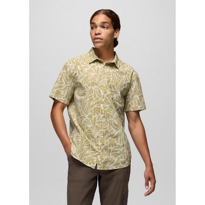 A front view of the Prana Sample - Men's Stimmersee Shirt in Beach Pebble Seaweed on a model against a light gray background.