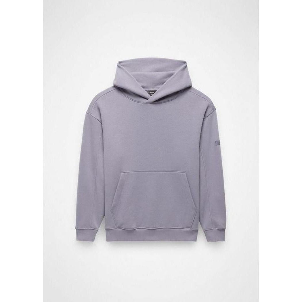 A front view of the Prana Sample - Women's DreamFleece Hoodie in Taro with a kangaroo pocket and a small logo on the sleeve against a plain white background.