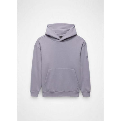 A front view of the Prana Sample - Women's DreamFleece Hoodie in Taro with a kangaroo pocket and a small logo on the sleeve against a plain white background.