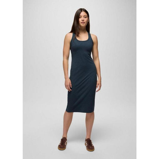 A model wearing the Prana Sample - Women's Heavana Racerback Midi Dress in Stormy Night Heather stands against a plain background.