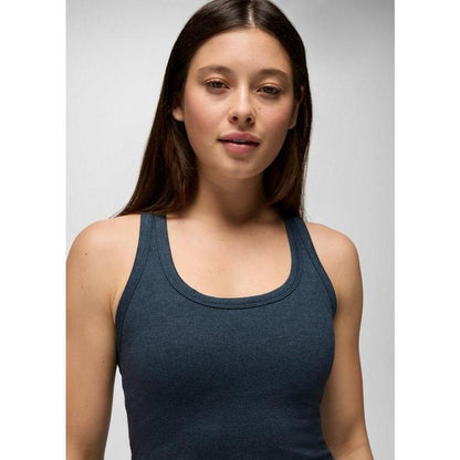 A front view of the Prana Sample - Women's Heavana Racerback Midi Dress in Stormy Night Heather on a model against a light background.