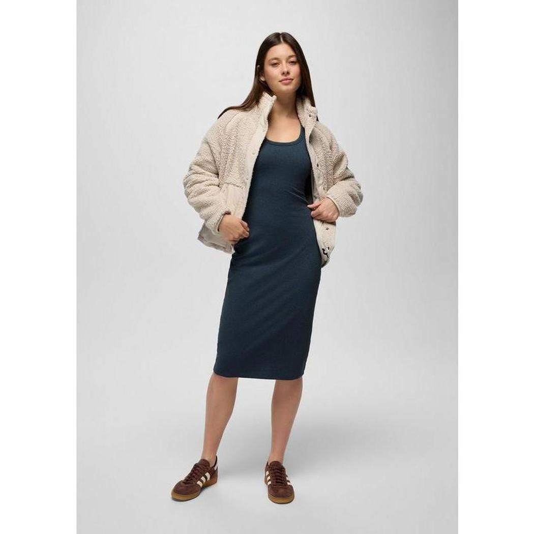 A model wears the Prana Sample - Women's Heavana Racerback Midi Dress in Stormy Night Heather against a light gray background.