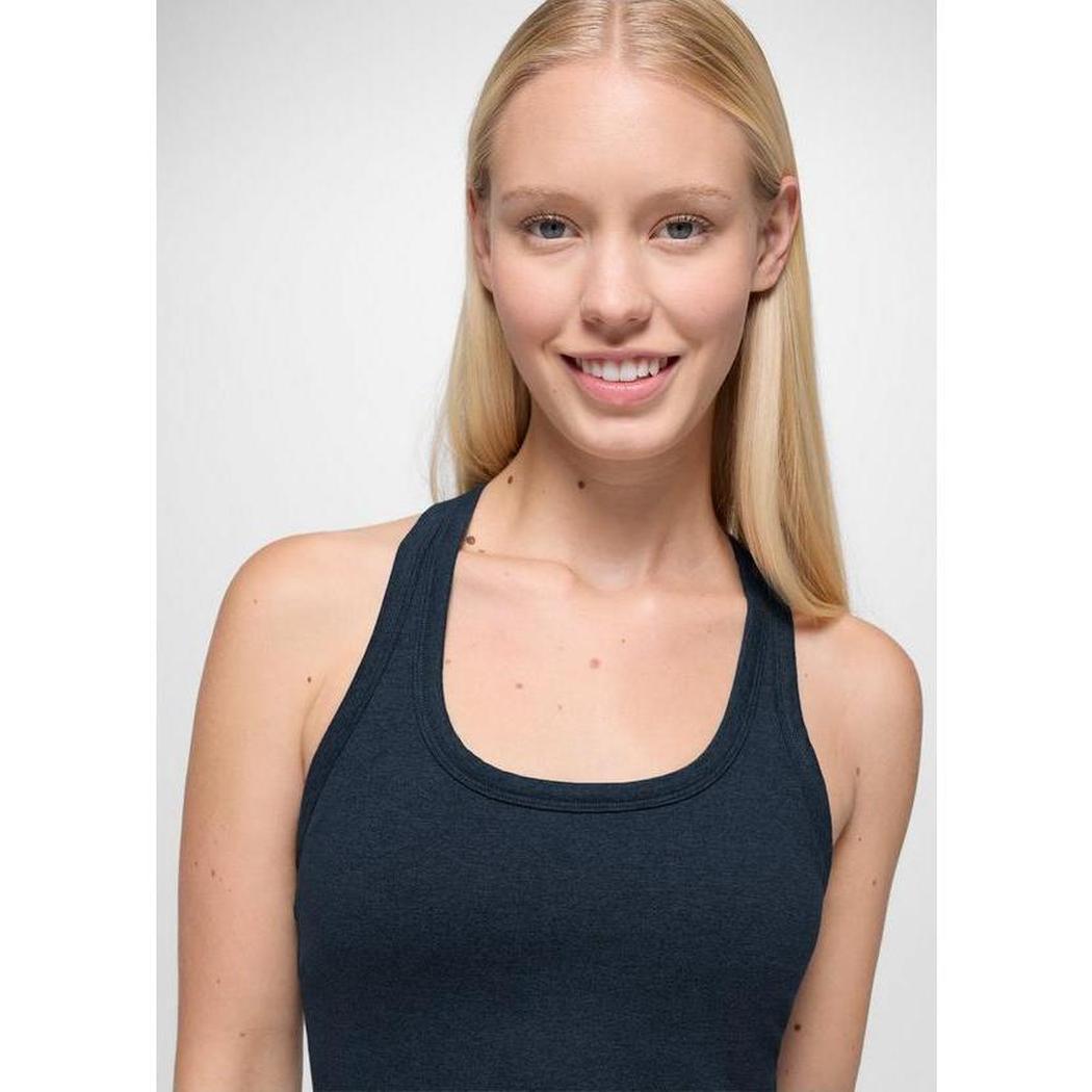 A front view of the Prana Sample - Women's Heavana Racerback Midi Dress in Stormy Night Heather on a model against a plain background.