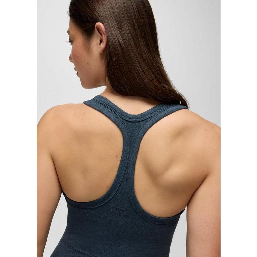 Back view of the Prana Sample - Women's Heavana Racerback Midi Dress in Stormy Night Heather showing the racerback design against a plain background.