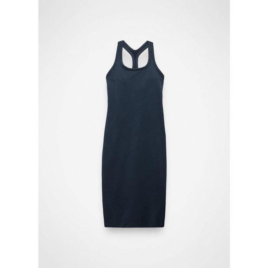 A front view of the Prana Sample - Women's Heavana Racerback Midi Dress in Stormy Night Heather against a white background.