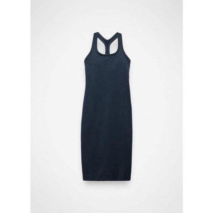 A front view of the Prana Sample - Women's Heavana Racerback Midi Dress in Stormy Night Heather against a white background.