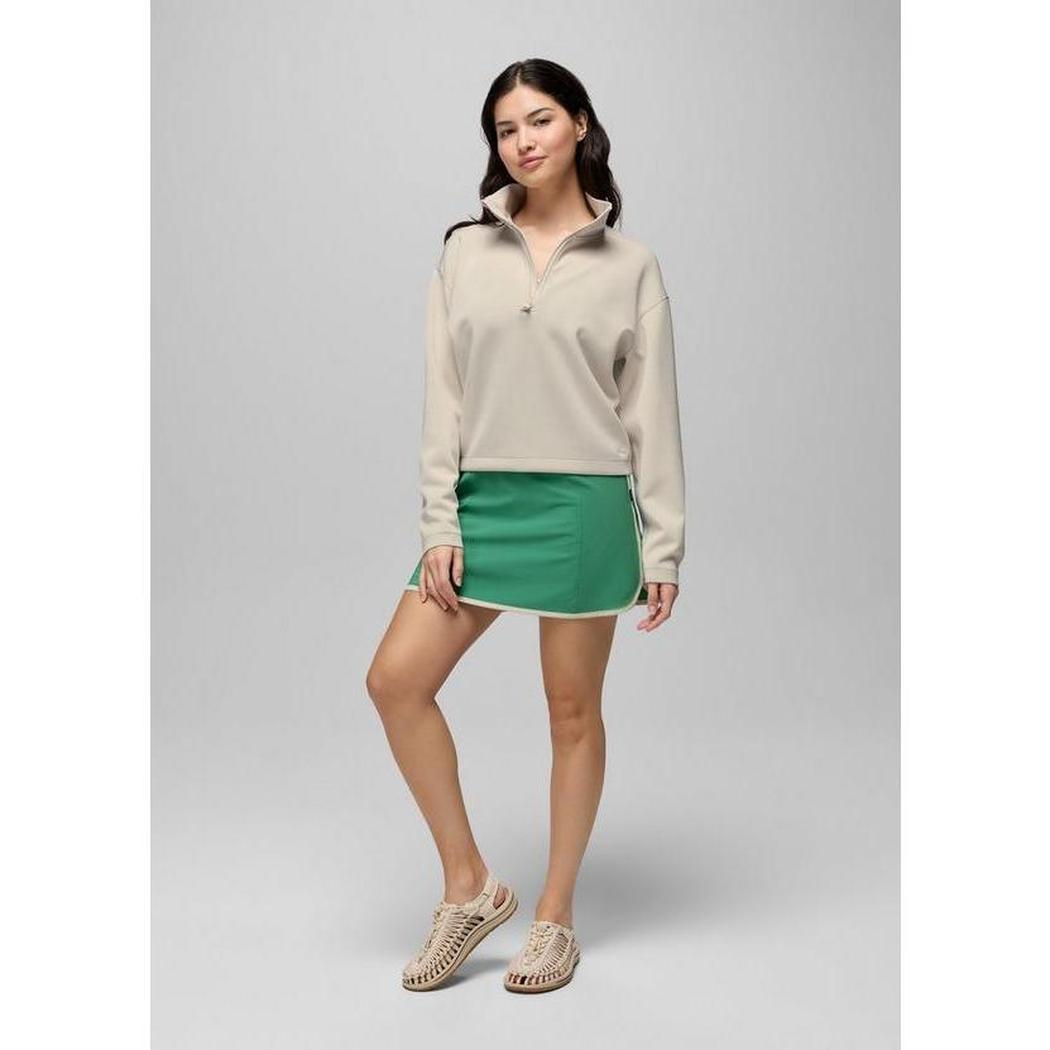 A front view of the Prana Sample - Women's Railay Scallop Dress in Jade on a model against a light gray background.