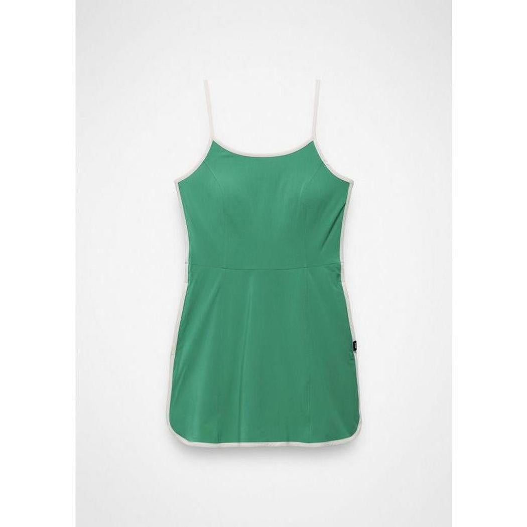 A front view of the Prana Sample - Women's Railay Scallop Dress in Jade against a white background.