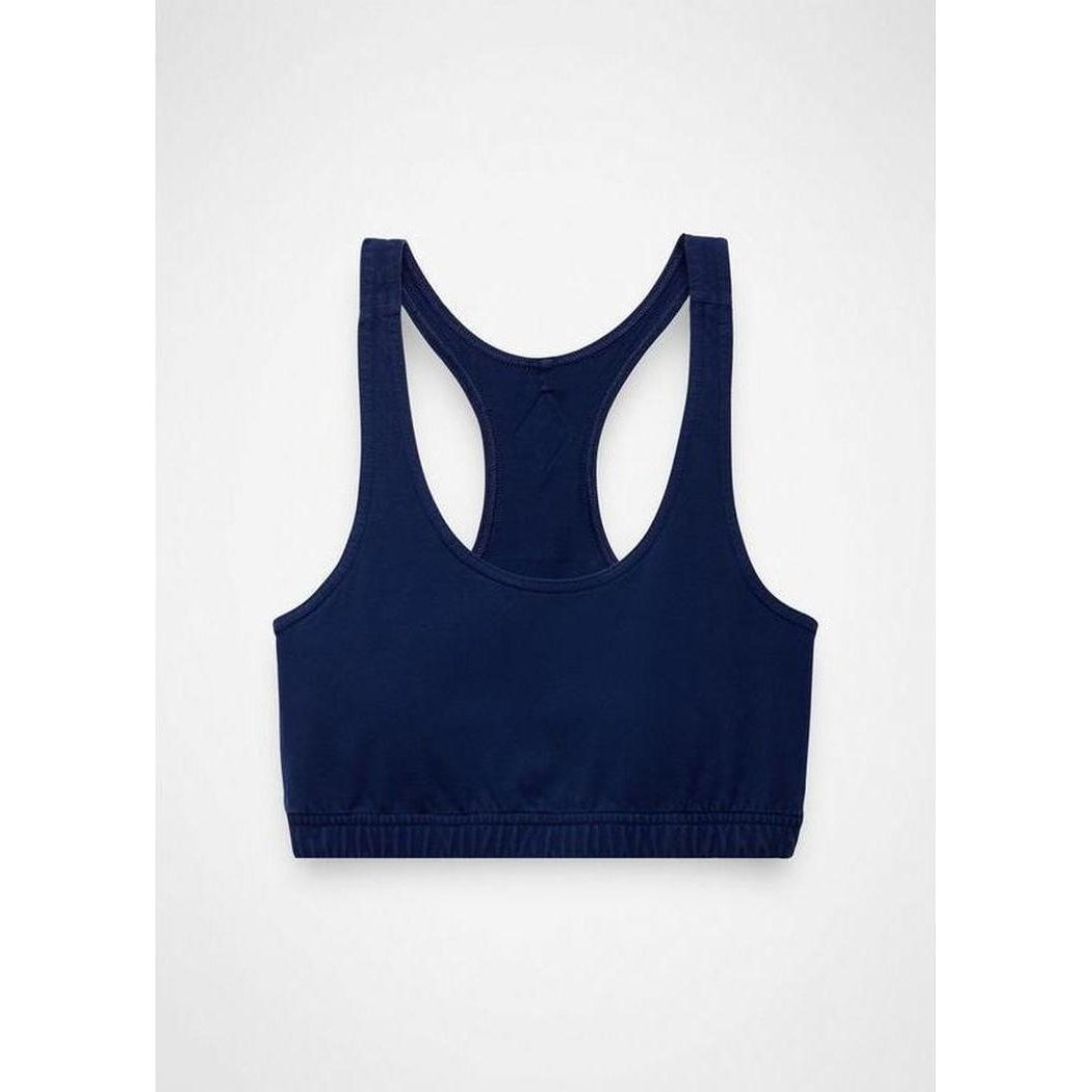 Back view of the Prana Sample - Women's Tornado Bra in Capulet Blue against a white background.