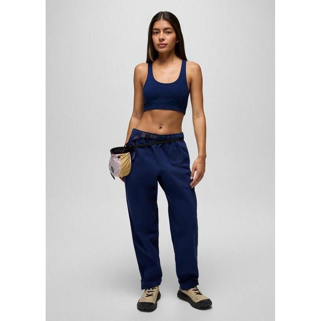 A front view of the Prana Sample - Women's Tornado Bra in Capulet Blue on a model with a light gray background.