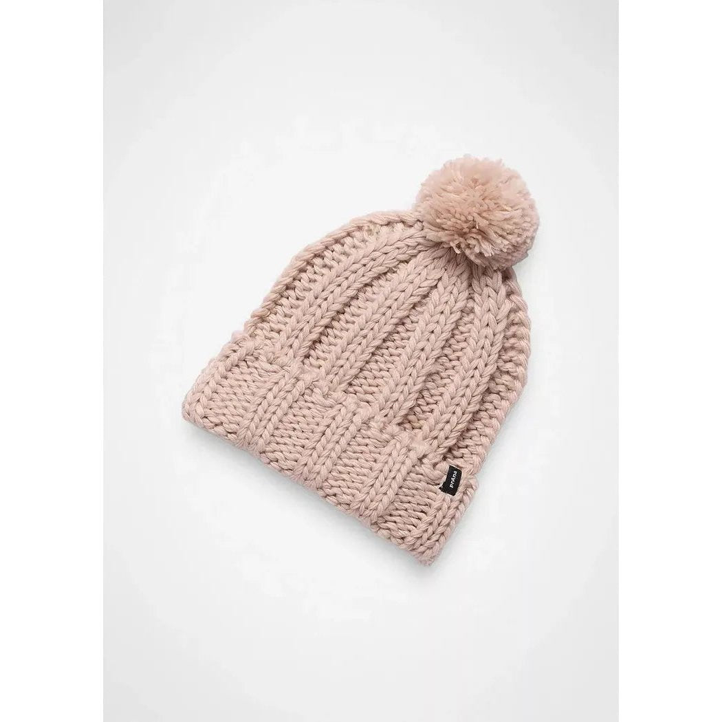 A top-down view of the Prana Snow Crystal Beanie in Deep Vino with a pom pom, on a white background.