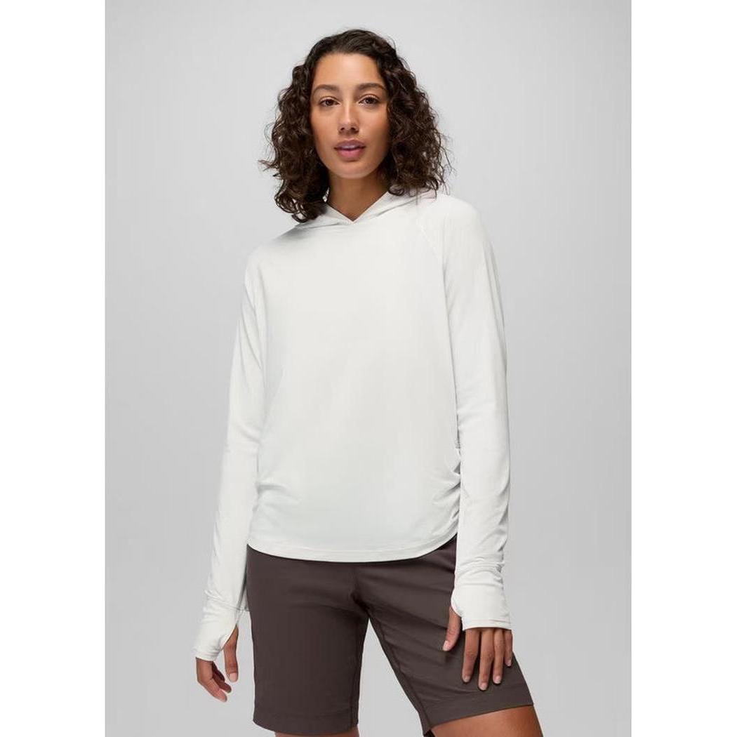 A front view of the Prana Women's Eileen Hoodie in Jade on a model wearing dark shorts against a plain background.