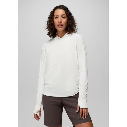 A front view of the Prana Women's Eileen Hoodie in Jade on a model wearing dark shorts against a plain background.