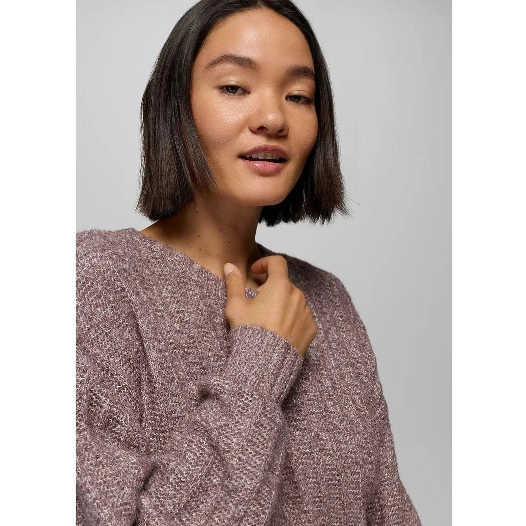 A front view of the Prana Women's Emberbrook Sweater in Vino Heather shows a model wearing it against a plain gray background.