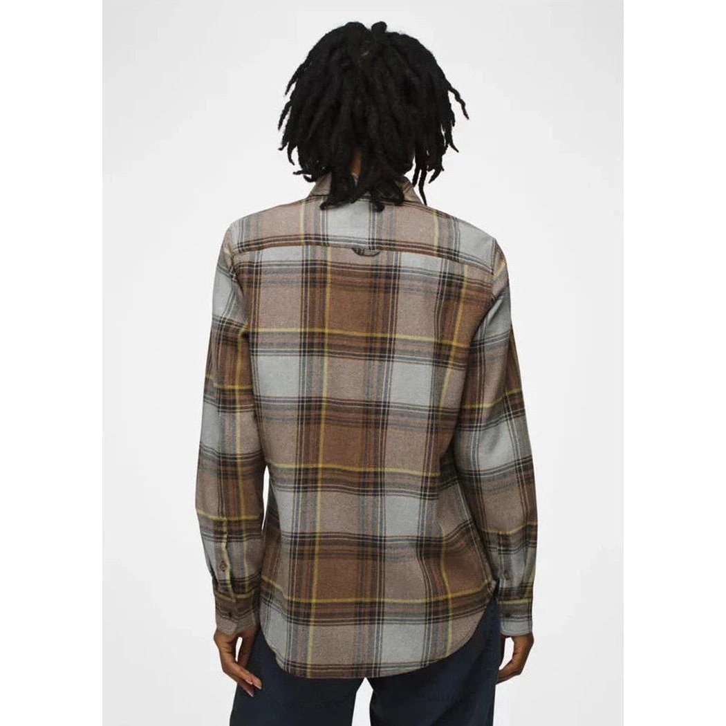 Back view of the Prana Women's Golden Canyon Flannel in Earthbound color, showing the plaid pattern on a model against a plain white background.