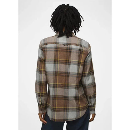Back view of the Prana Women's Golden Canyon Flannel in Earthbound color, showing the plaid pattern on a model against a plain white background.