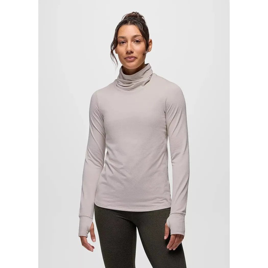 A front view of the Prana Women's Ice Flow Long Sleeve in Almond Heather on a model against a plain white background.