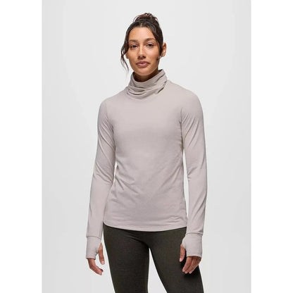 A front view of the Prana Women's Ice Flow Long Sleeve in Almond Heather on a model against a plain white background.