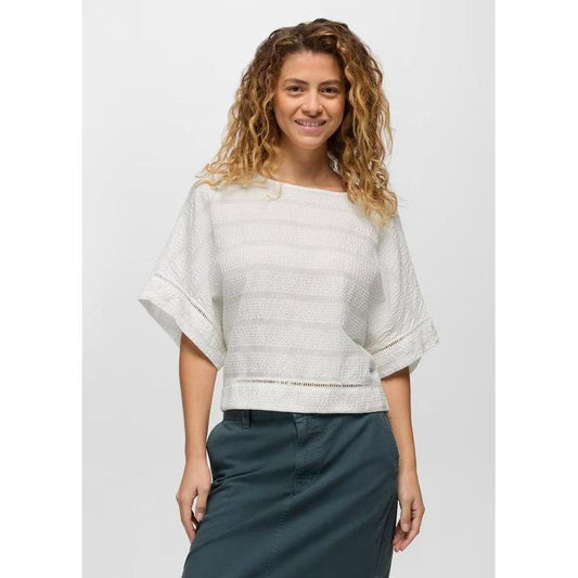A front view of the Prana Women's Ocean Hills Top in Alba on a model against a plain white background.