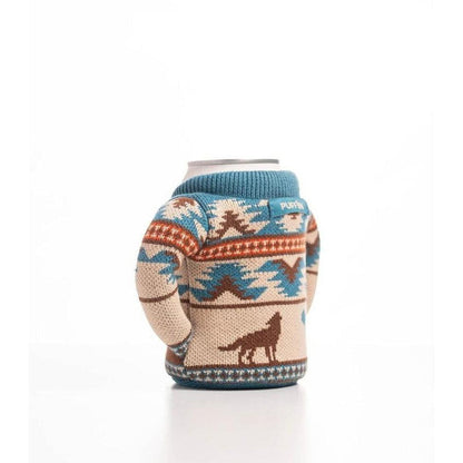 Back view of the Puffin Coolers Beverage Sweater in Father In-law color showing the wolf design and blue cuffs against a white background.