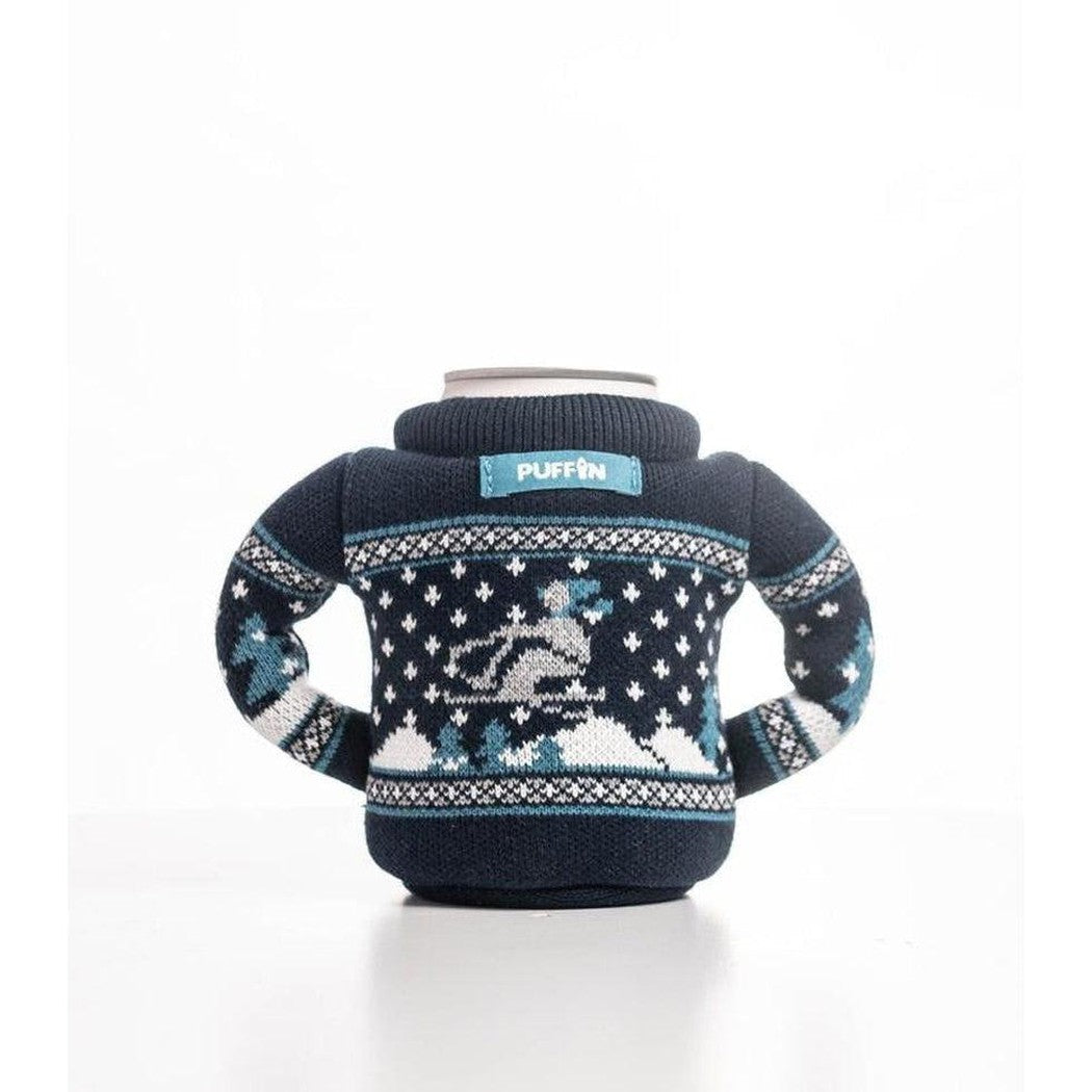 A front view of the Puffin Coolers Beverage Sweater in Father In-law color showing the reindeer design and blue "PUFFIN" label against a white background.