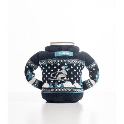 A front view of the Puffin Coolers Beverage Sweater in Father In-law color showing the reindeer design and blue "PUFFIN" label against a white background.