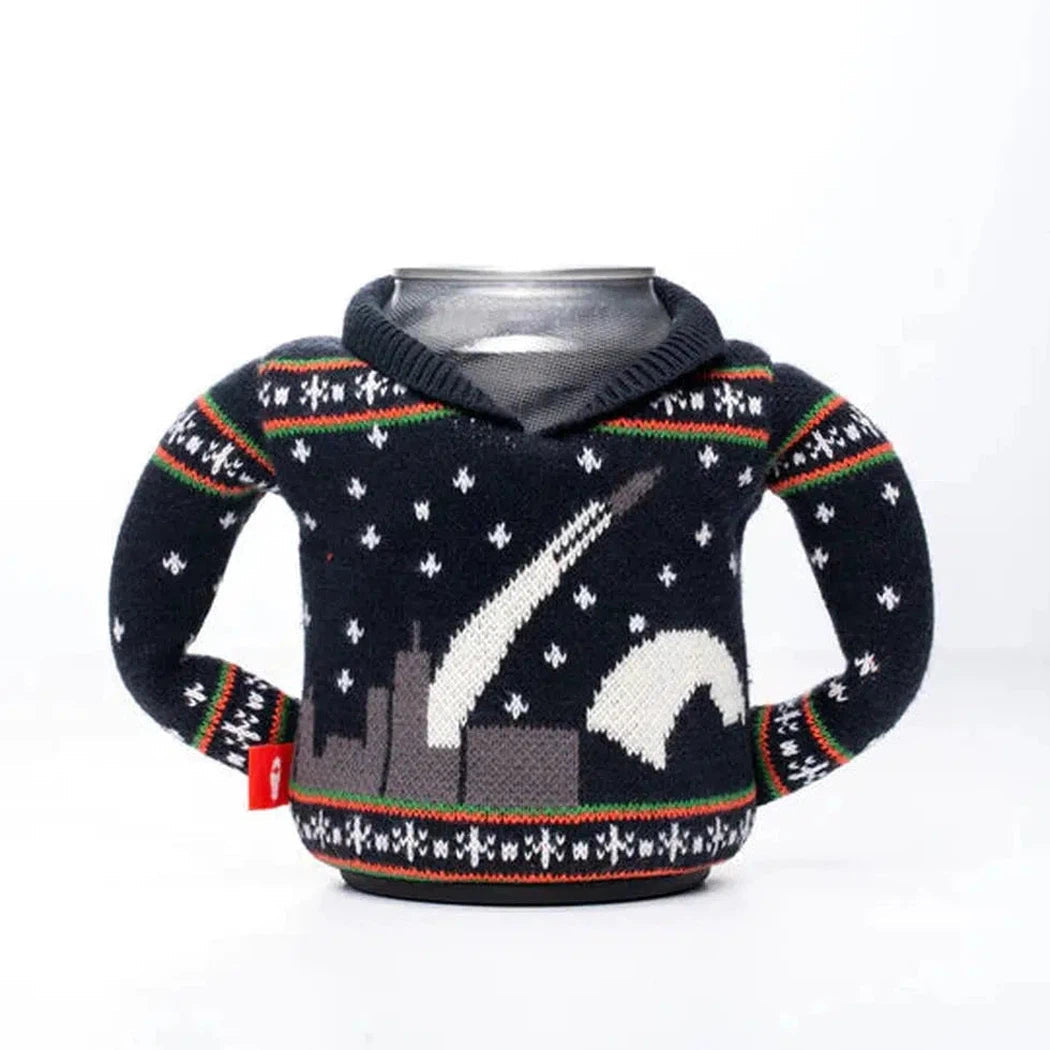 A front view of the Puffin Coolers Beverage Sweater in Father In-law color showing the city skyline design and white background.