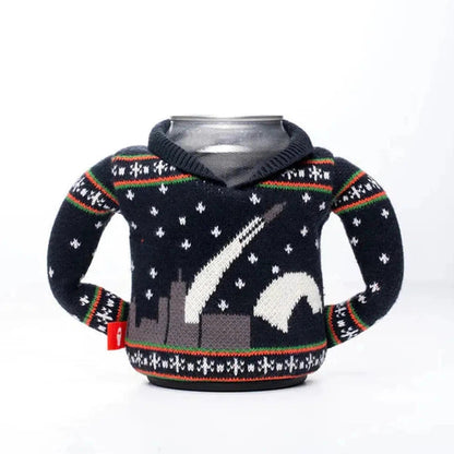 A front view of the Puffin Coolers Beverage Sweater in Father In-law color showing the city skyline design and white background.