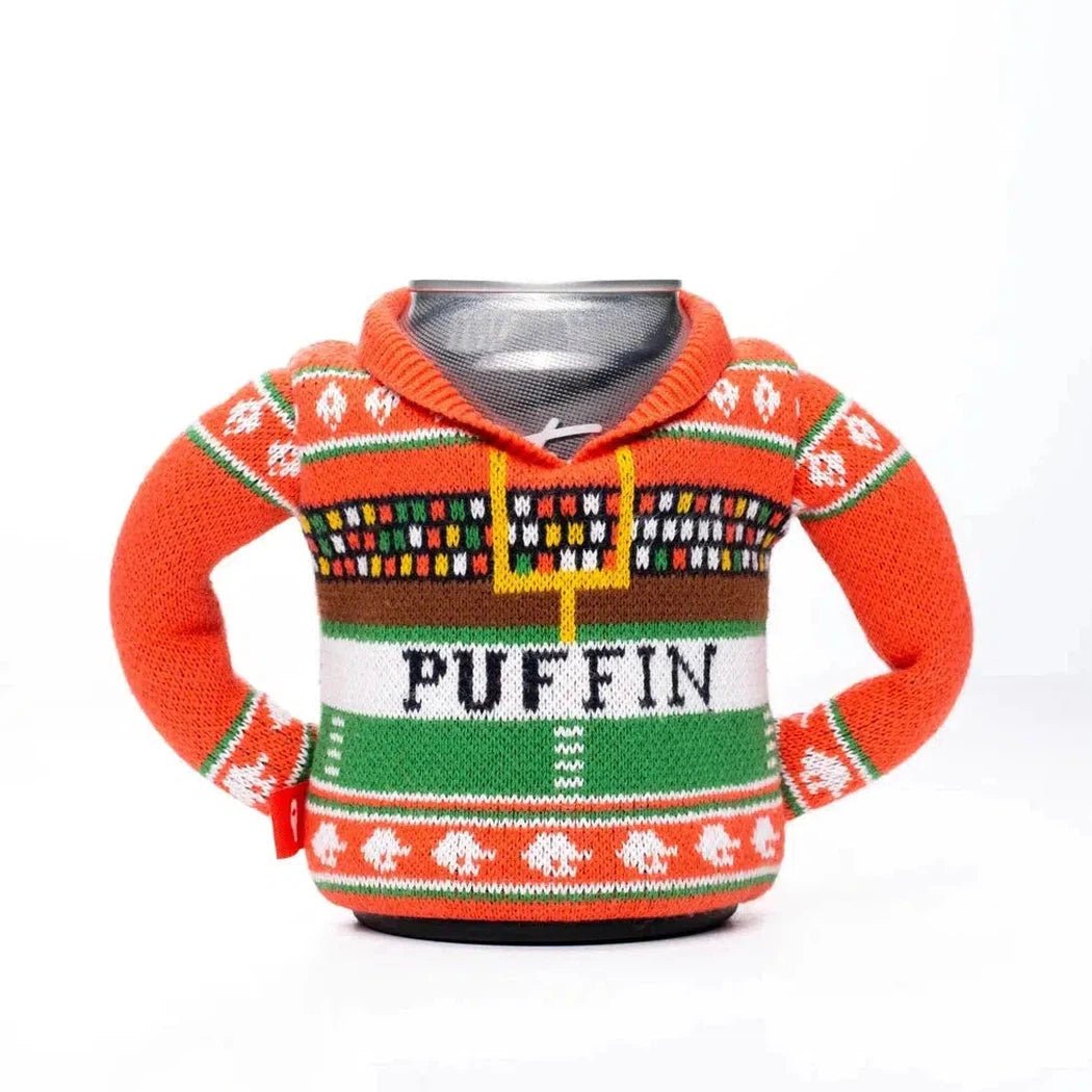 A front view of the Puffin Coolers Beverage Sweater in Father In-law color with a can inside, showing the football field design and white background.
