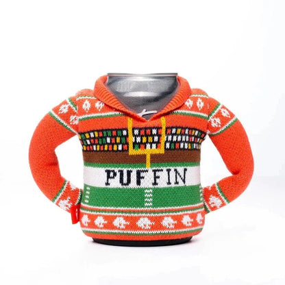 A front view of the Puffin Coolers Beverage Sweater in Father In-law color with a can inside, showing the football field design and white background.