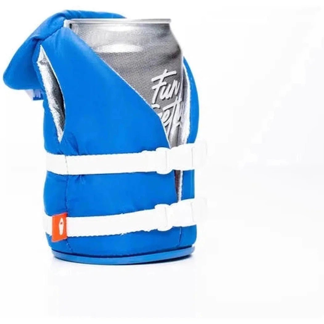 A blue Puffin Coolers The Bouy cooler with white straps and an orange tag, shown from the front against a white background.