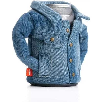 A front view of the Puffin Coolers The Denim in Blue Denim showing the denim jacket design and orange tag against a white background.