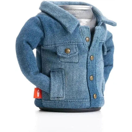 A front view of the Puffin Coolers The Denim in Blue Denim showing the denim jacket design and orange tag against a white background.