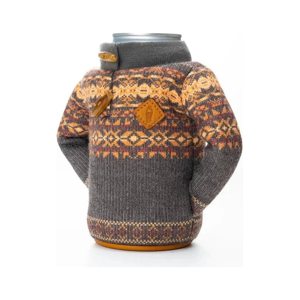 Side view of the Puffin Coolers The Fjord in Espresso showing the patterned sweater design against a white background.