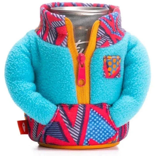A front view of the Puffin Coolers The Fleece in Pinball Purple showing the colorful patterned pocket and zipper against a white background.