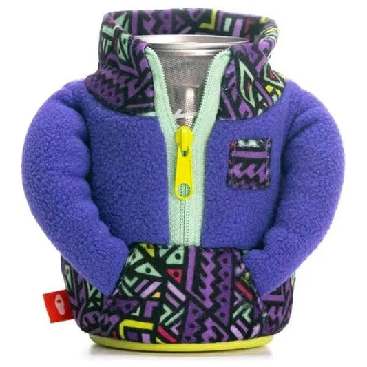 A front view of the Pinball Purple Puffin Coolers The Fleece showing the yellow zipper and colorful patterned pocket against a white background.