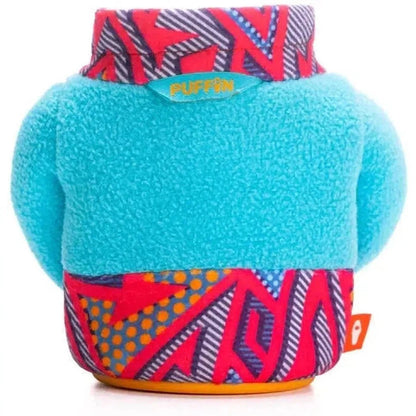 Back view of the Puffin Coolers The Fleece in Pinball Purple showing the fleece upper and colorful patterned bottom against a white background.