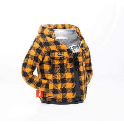 A front view of the Pewter Puffin Coolers The Lumberjack with a can inside, showing the plaid pattern and zipper against a white background.