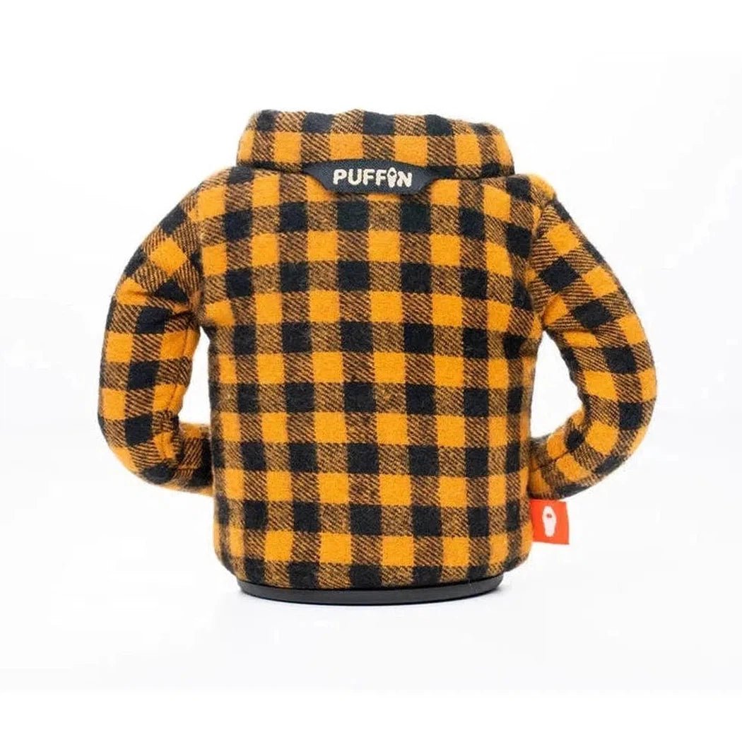 Back view of the Puffin Coolers The Lumberjack in Pewter showing the checkered pattern and brand tag against a white background.