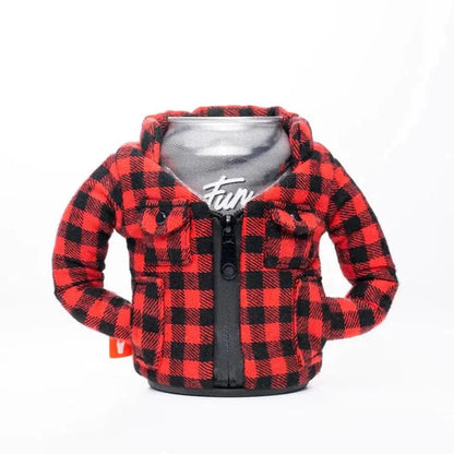 A front view of the Puffin Coolers The Lumberjack in Pewter with a red and black checkered pattern, showing the zipper and a can inside against a white background.