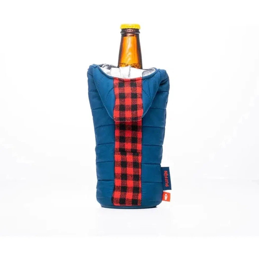 A front view of the Puffin Coolers The OG in Puffin Red & Crater Blue showing the plaid zipper and white interior against a white background.