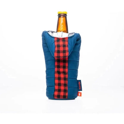 A front view of the Puffin Coolers The OG in Puffin Red & Crater Blue showing the plaid zipper and white interior against a white background.