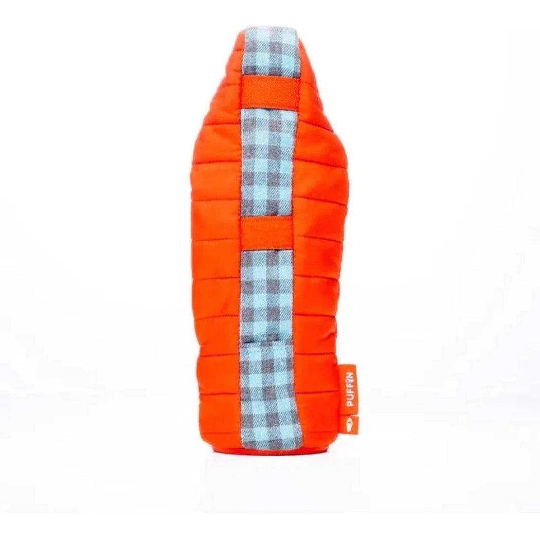 A front view of the Puffin Coolers The OG in Puffin Red & Crater Blue with a plaid panel and orange tag against a white background.