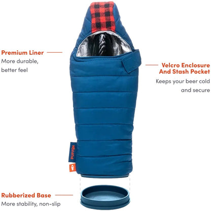 A top-down view of the Puffin Coolers The OG in Puffin Red & Crater Blue showing the premium liner and rubberized base.
