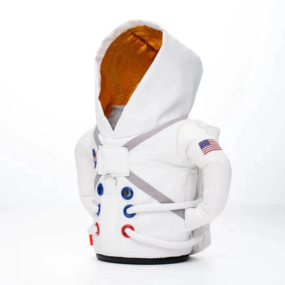 A front view of the Sandy White Puffin Coolers The Space Suit with an American flag patch and orange hood lining against a white background.