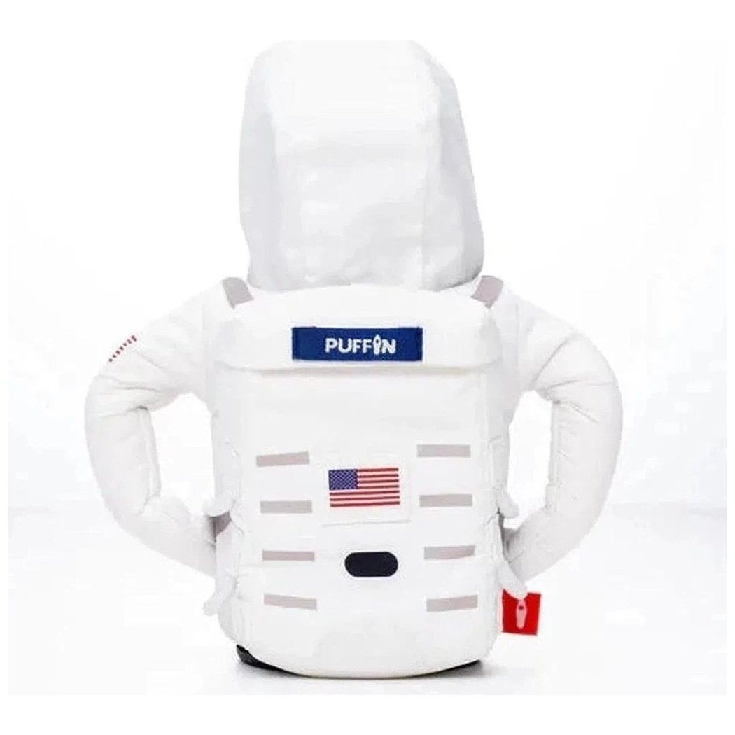 Back view of the Sandy White Puffin Coolers The Space Suit with an American flag patch and a red tag on the side against a white background.